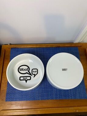Crate & Barrel dog bowls, Woof, Ruff, Bark black text white bowl, heavy ceramic